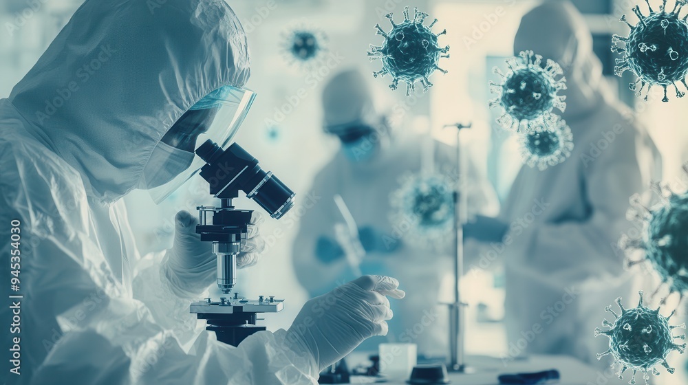Fototapete medical workers in protective gear observe viruses through a microscope while engaged in vital disea