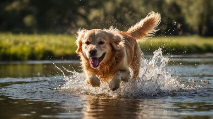  Happy golden retriever running through water on sunny day