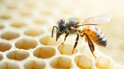 Bee hovering over a honeycomb