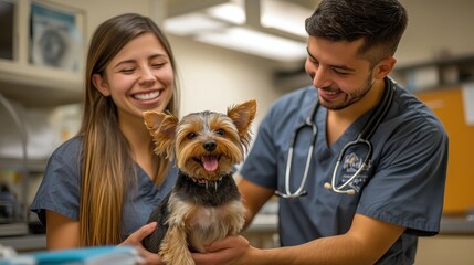 Veterinarians joyfully examine a happy Yorkshire Terrier in a clinic, showcasing compassion and care for animals.