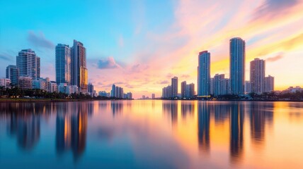 Fototapeta premium City skyline at dusk with glowing skyscrapers reflecting on a calm river, urban glowtime, serene and modern