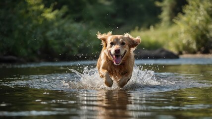 Happy retriever running through water in nature