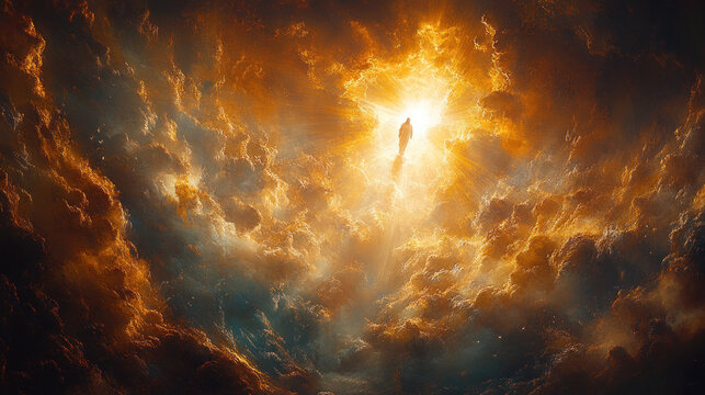 A dramatic portrayal of Jesus Christ return to the heavenly throne, with radiant light and ethereal clouds enhancing the divine and prophetic nature of the scene.