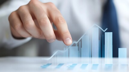Successful Businessman Touching Upward Bar Graph for Corporate Growth on White Background