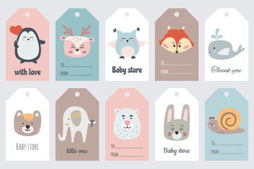 Large set cute gift tags with animals and handwritten letterings. Bundle of sale labels for children's birthday gift, kids clothes, store. Hand drawn funny characters