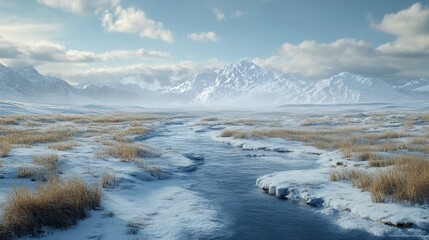 Obraz premium Frozen tundra with a thawing river, moisture from melting ice highlighting seasonal change, hyper realistic 