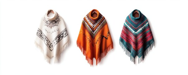 Boho style poncho with colorful patterns and fringe details, isolated on a white background, captured in a watercolor style.