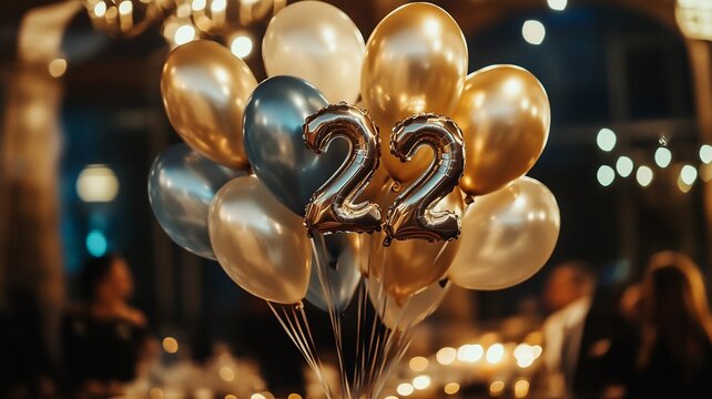 An elegant 22th birthday celebration featuring a bunch of sparkling balloons with bokeh lights in the background, creating a festive and luxurious atmosphere.