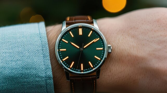 Elegant wristwatch with a glowing dial, captured in low light, luxury branding, high-end fashion accessory, soft ambient glow, timeless design