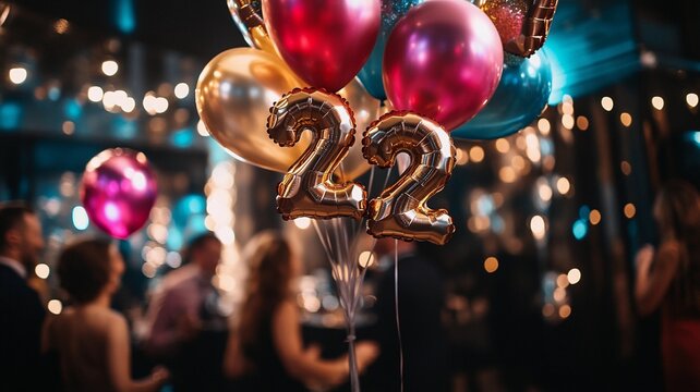 An elegant 22th birthday celebration featuring a bunch of sparkling balloons with bokeh lights in the background, creating a festive and luxurious atmosphere.