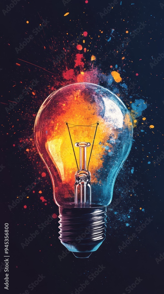 Poster a light bulb exploding with colorful paint splashes