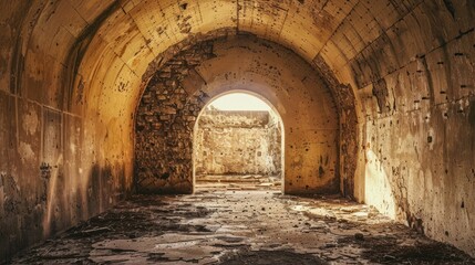 Light shining through an old arched doorway.