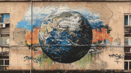 Earth Mural on a Weathered Building Wall