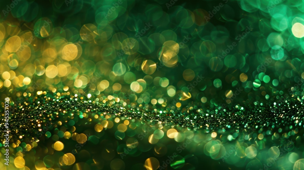 Poster abstract background with green and gold bokeh lights creating a festive and vibrant atmosphere.