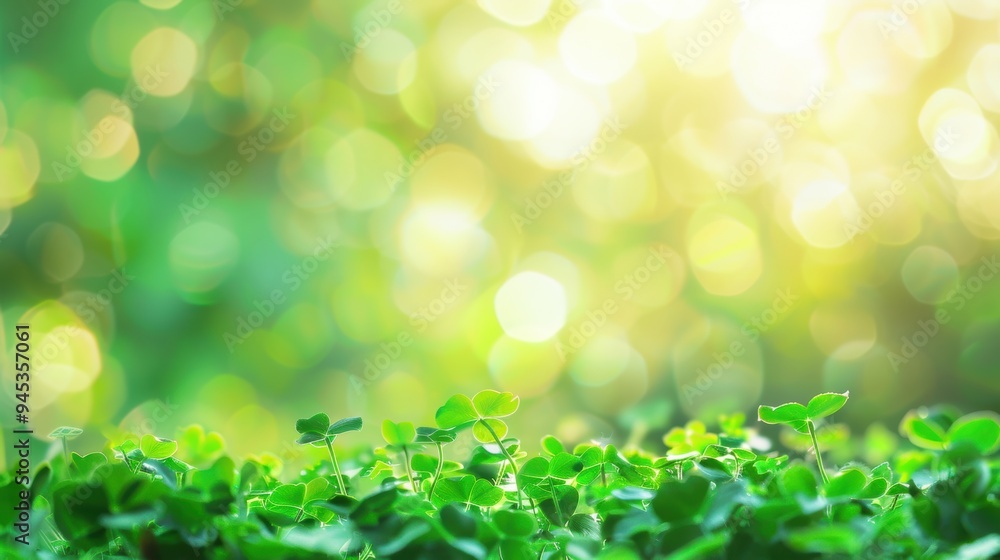 Poster close-up of clover field illuminated by sunlight with a soft bokeh background, creating a fresh and 