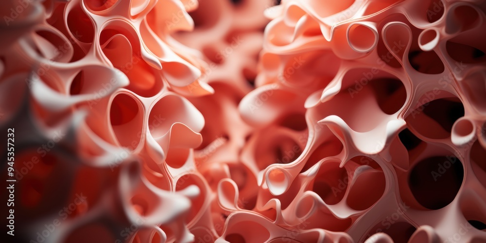Aufkleber close-up of an abstract, coral-like structure with intricate pink curves and folds creating a visual