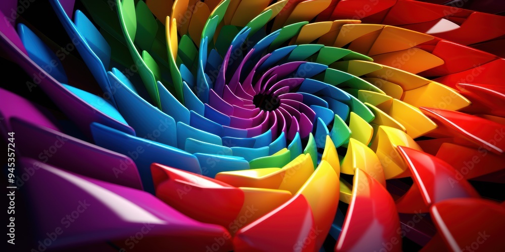Poster a vibrant spiral made up of colorful, glossy shapes, creating a dynamic and eye-catching abstract ar