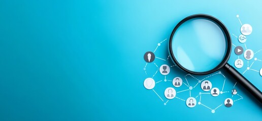 Magnifying Glass with Icons of People on Blue Background Representing Search for Customer or Employee Target Audience