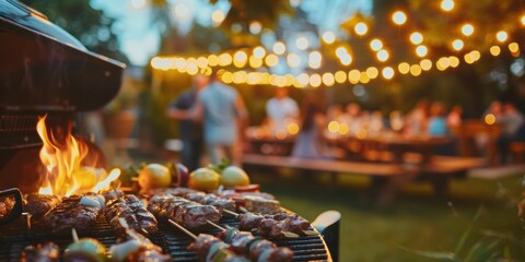 Skewers grilling on a barbecue during a lively outdoor gathering, with string lights and people in the background.