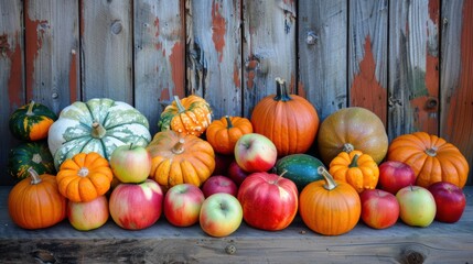 A variety of pumpkins and apples arranged on a wooden background, showcasing the vibrant colors and textures of fall harvest.
