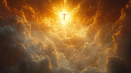 A powerful depiction of the second coming of Jesus Christ, with Him descending from the heavens towards the golden throne, surrounded by white clouds and divine light.