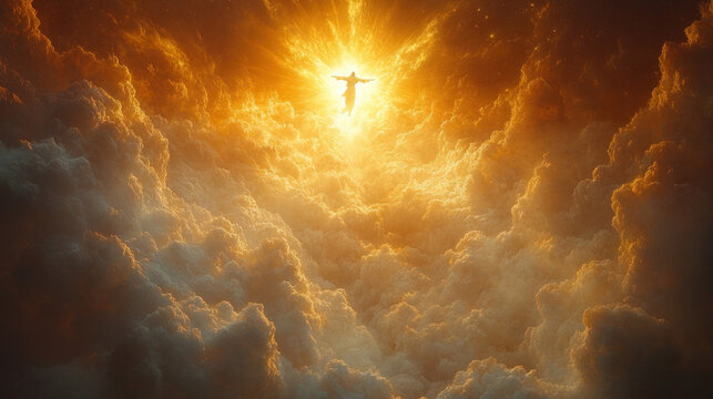 A powerful depiction of the second coming of Jesus Christ, with Him descending from the heavens towards the golden throne, surrounded by white clouds and divine light.