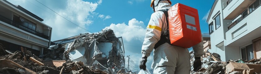 A rescue worker assesses the damage at a disaster site, showcasing the aftermath of destruction and the need for recovery efforts.