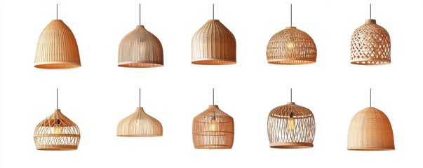 Boho style lampshade made of woven rattan with a natural finish, isolated on a white background, presented in watercolor style.