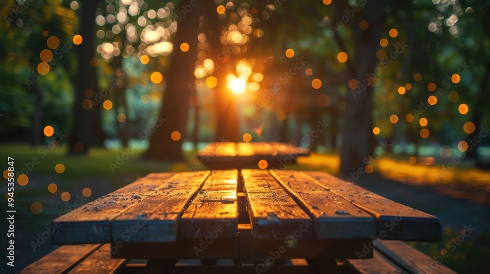 Poster an empty picnic table in a park with a beautiful sunset in the background, creating a peaceful and s