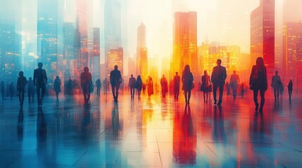 bustling cityscape double exposure merging with diverse business professionals transparent silhouettes overlap skyscrapers symbolizing collaboration and urban success in muted tones