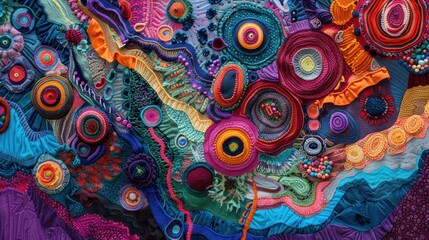 Abstract knitted fabric art with vibrant colors and textures.