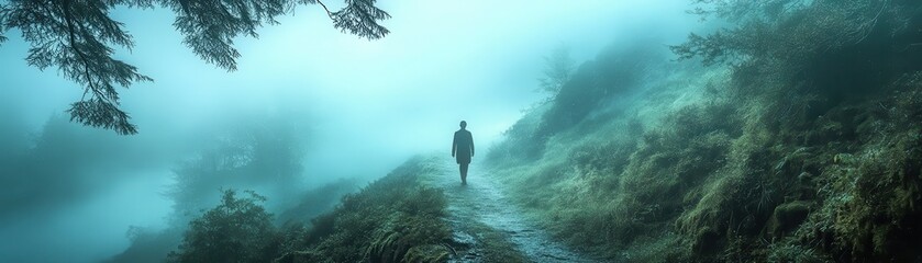 A solitary figure walks along a misty path, surrounded by lush greenery in an atmospheric landscape.