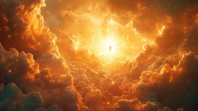 A serene image of the divine throne and the second coming of Jesus Christ, with soft, glowing light and ethereal clouds conveying the profound nature of the biblical scene.