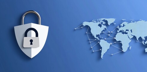 Digital Illustration of Shield with Padlock Icon and World Map Dots on Blue Background