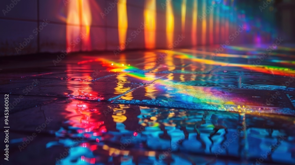 Aufkleber vibrant rainbow reflections on wet floor tiles, creating a mesmerizing and colorful abstract scene w