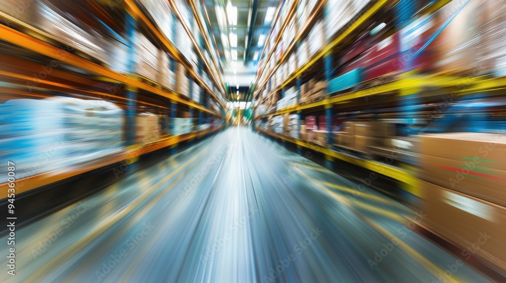 Poster a high-speed view of a warehouse aisle with motion blur, capturing the fast-paced environment of mod