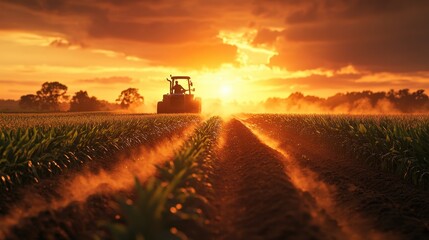 Fototapeta premium A tractor works the fields at sunset, casting a warm glow over rows of crops, evoking the beauty of farm life and nature.