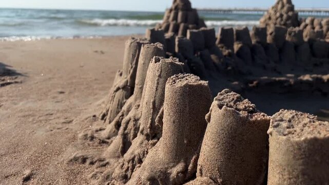 Close up sandcastle tower of wet sand on sea beach. Freedom lifestyle and traveling in holiday concept.