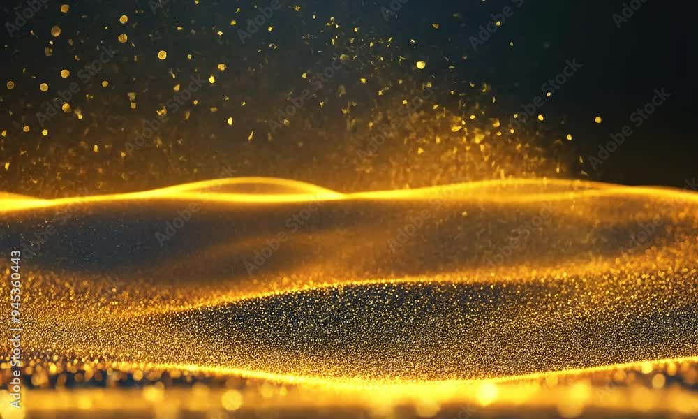 Poster witness the mesmerizing flow of golden waves adorned with sparkling particles under a beautiful suns