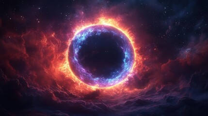 Obraz premium celestial phenomenon with vibrant neon corona electric blue and purple tendrils radiating from eclipsed sun shimmering stars and cosmic dust against inky black sky