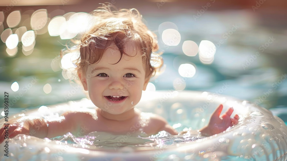 Poster adorable baby smiling while floating in a pool with bright bokeh lights in the background, enjoying 