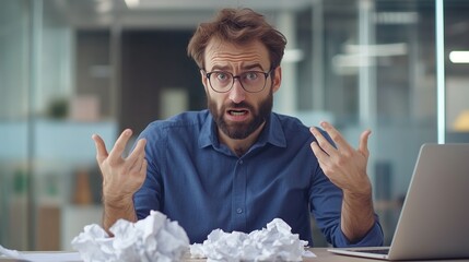 Frustrated Business Professional Gesturing at Desk with Crumpled Paper, Modern Office Setting