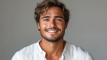 Obraz premium charismatic young man in crisp white shirt against neutral background warm lighting accentuates his genuine smile and confident pose creating an approachable yet professional portrait