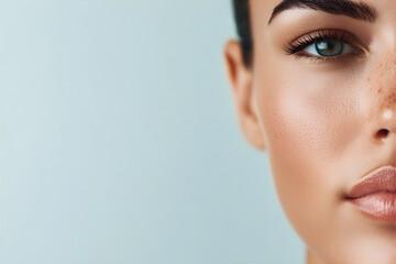 Cropped macro of clean female face, perfect clean skin. Cosmetology concept, spa, plastic surgery. Face treatment. Copy space.