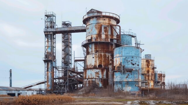 Abandoned industrial complex with rusty silos and structures.