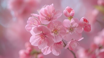 Fototapeta premium A close-up of beautiful pink cherry blossom flowers in full bloom, capturing the delicate petals and springtime essence.