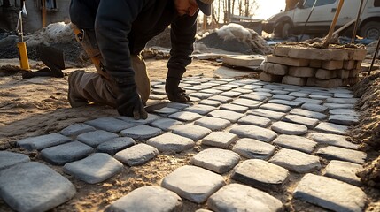 Construction Worker Laying Cobblestone Pavement