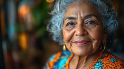Fototapeta premium cheerful elderly latina woman in care facility warm smile cultural decor nurturing environment intergenerational connection