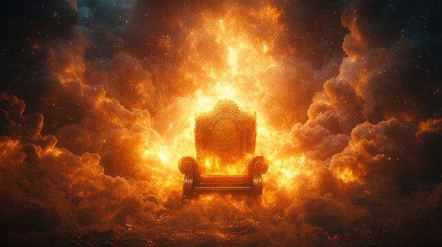 A vivid image of the golden throne and Jesus Christ second coming, with a celestial background and divine light representing the core concepts of Christian faith.