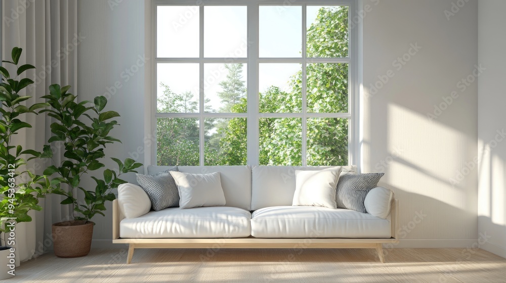 Poster concept of a bright room featuring a sofa with a summer view through the window showcasing scandinav